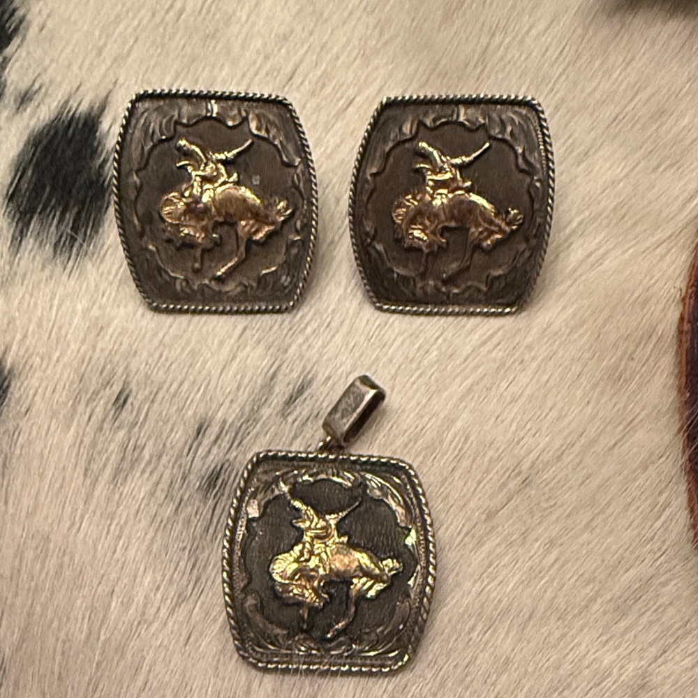 Vogt Bucking Horse Earrings and Pendant set. Sterling and 14k Gold Filled.